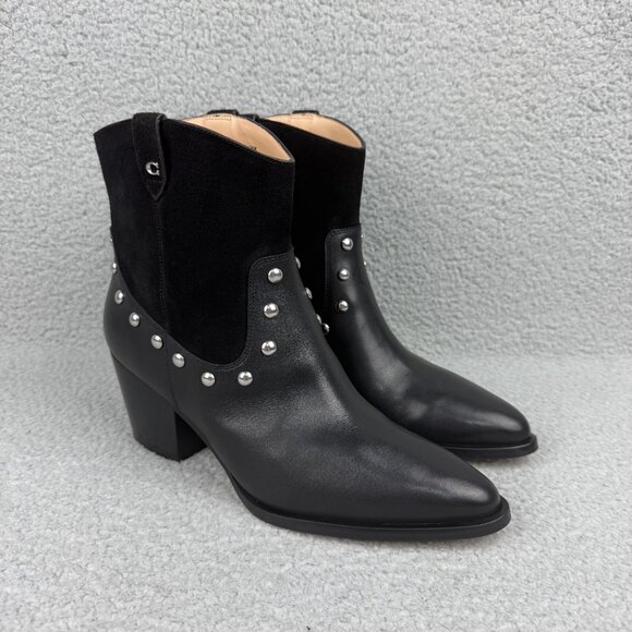 Coach Boots Women 9.5 Shoes Black Pauline Leather Suede Ankle Booties Heel Biker - Picture 1 of 12